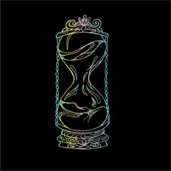 Neon hourglass illustration in old style. Tattoo idea.