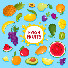 Colorful cartoon fresh fruit poster isolated on blue.