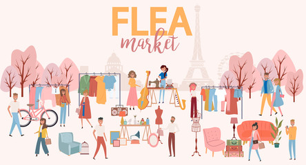 Flea market poster with people selling and shopping at walking street, vintage clothes and accessories shop on Paris background, cartoon flat design. Editable vector illustration