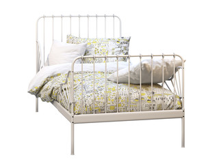 White metal frame single children's bed with colorful linen. 3d render