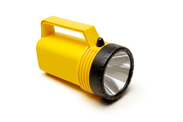 Yellow flashlight isolated on the white background. - obrazy, fototapety, plakaty