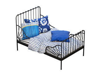 Black metal frame single children's bed with colorful linen. 3d render