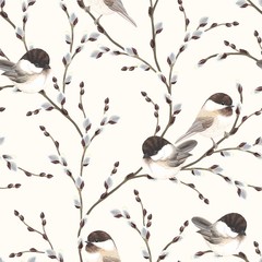 Seamless pattern of Willow branches and birds Black-capped Chickadee, vector illustration on ivory background in vintage watercolor style. © Nikole