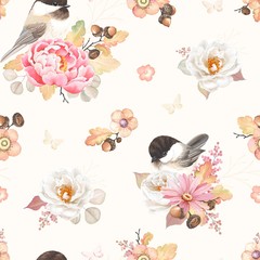 Seamless pattern with flower pink Peony, white Rose, oak branches, acorns and birds Black-capped Chickadee. Vector illustration in vintage watercolor style.