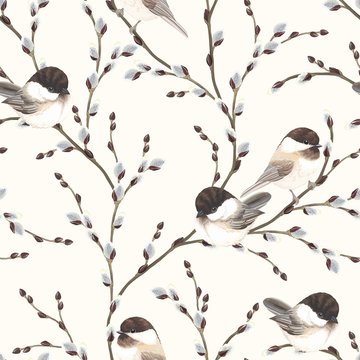 Seamless pattern of Willow branches and birds Black-capped Chickadee, vector illustration on ivory background in vintage watercolor style.