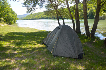 Background of camp over sunrice in mountains in morning of Crimea