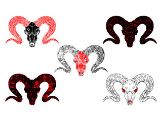 Vector set of hand drawn skulls ram with grunge elements in different variants on a white background.