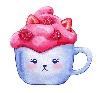 Smoothie cup face kawaii raspberry ice cream pink watercolor isolated