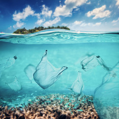 Half underwater shot, clear water and sunny blue sky. Tropical ocean © Photocreo Bednarek