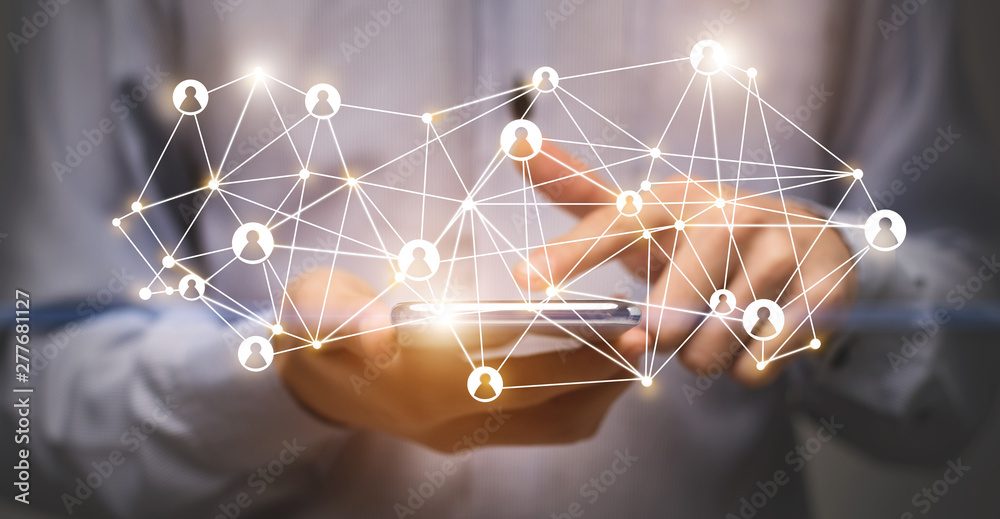 Poster Man using cellphone with global connection icons