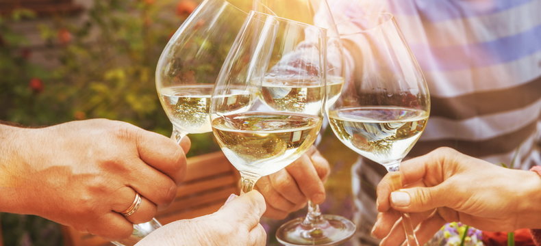 Family of different ages people cheerfully celebrate outdoors with glasses of white wine, proclaim toast