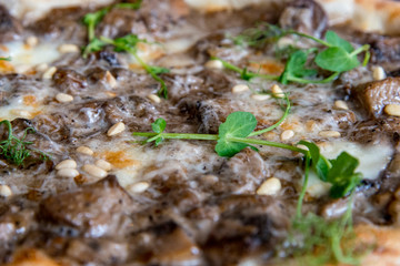 Pizza with mushrooms, cheese and pine nuts