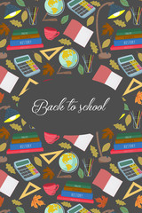 Back to school. Cute vector illustration for poster, background, banner or card, freehand drawing with stationery, books and other on a dark background