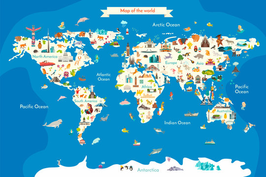 Animals world landmarks map for kid. World vector poster for children, cute illustrated. Cartoon globe with animals. Oceans and continent: South America, Eurasia, North America, Africa, Australia