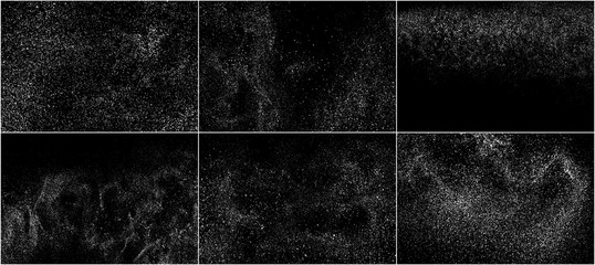 Set of White Grainy Texture Isolated On Black Background. Dust Overlay Texture. Noise Particles. Snow Effects Pack. Digitally Generated Image. Vector Illustration, EPS 10.