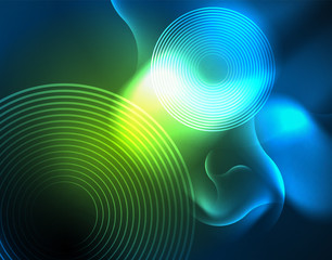 Fototapeta premium Neon glowing wave lines, blue hi-tech futuristic abstract background template