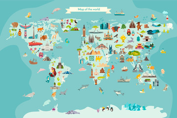 Fototapeta premium Mapa świata zabytków ilustracja kreskówka wektor. Ilustracja wektorowa świata kreskówka. Oceany i kontynent: Ameryka Południowa, Eurazja, Ameryka Północna, Afryka, Australia