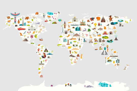 Landmarks world map vector cartoon illustration. Cartoon globe vector illustration. Oceans and continent: South America, Eurasia, North America, Africa, Australia © coffeee_in