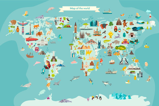 Landmarks world map vector cartoon illustration. Cartoon globe vector illustration.Oceans and continent: South America, Eurasia, North America, Africa, Australia © coffeee_in