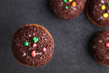 Chocolate Crinkle cookies. close-up of Crinkle cookies chocolate biscuits on Christmas cookies on a black plate, view from above.
