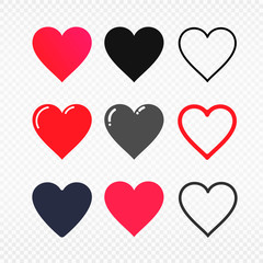 Set of Love symbol icon. Heart symbol in red and black colors. Heart vector illustrations. Isolated on transparent background.