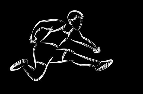 Athletic man practicing long jump in track and field Line art Design, vector illustration.