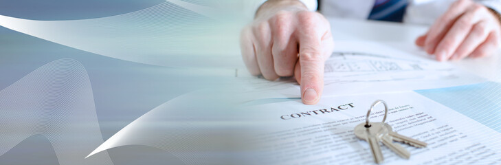 Estate agent showing a contract (Lorem Ipsum Text); panoramic banner