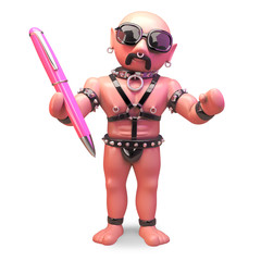 Cartoon bald gay man in leather fetish outfit holding a pink pen, 3d illustration