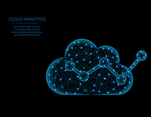 Cloud analytics low poly model, data analysis in polygonal style, wireframe vector illustration made from points and lines on a black background
