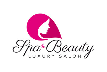 Vector logo with silhouette of female head. Text Spa & Beauty Luxury Salon. Isolated on white background