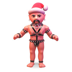 Fetish gay leather man wearing a Christmas Santa hat, 3d illustration