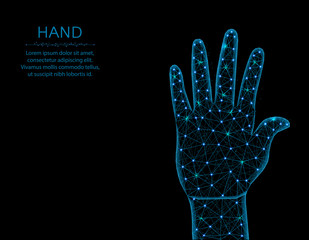 Human hand low poly model, gesture in polygonal style, body part wireframe vector illustration made from points and lines on a black background
