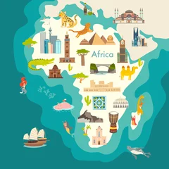 Weltkarte der Tiere, Afrika. Afrika-Kontinent mit Sehenswürdigkeiten-Vektor-Cartoon-Illustration. Poster, Kunst, Reisekarte © coffeee_in