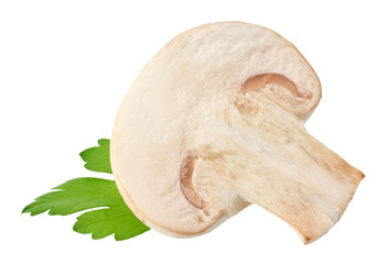 mushrooms with slices and parsley leaf isolated on white background