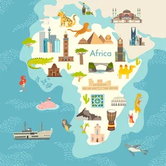 Afrika-Kontinent, Weltkarte mit Sehenswürdigkeiten-Vektor-Cartoon-Illustration. Abstrakte afrikanische Sehenswürdigkeiten, Tiere, Zeichen und Symbol-Cartoon-Stil. Poster, Kunst, Reisekarte © coffeee_in