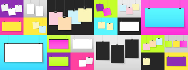 Poster on binder clips. Paper templates on the wall. Realistic mock up. Empty frames for your business design. Vector template for lettering, quote, images or logos.
