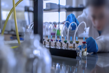 Abstract, blurry, bokeh background, image for the background. Medicine, pharmacy, public health and the concept of pharmacy and the manufacture, laboratory science.