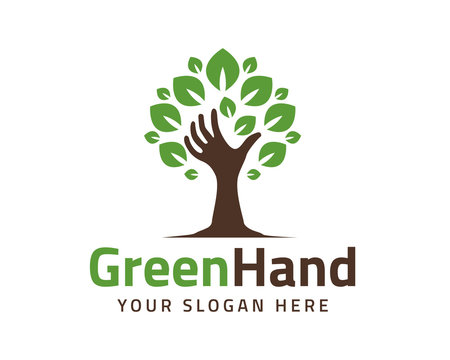 Human hands and tree with green leaves. Logo, symbol, icon, illustration, vector, template, design
