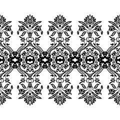 Woodblock printed monochrome seamless ethnic floral kaleidoscope geometric border. Traditional oriental ornament of India Kashmir, black on white background. Textile design.