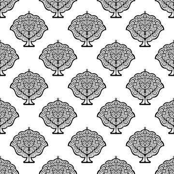 Monochrome woodblock printed seamless ethnic floral all over pattern. Traditional oriental ornament of India, blossoming trees, black on white background. Textile design.
