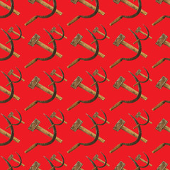 Hammer and sickle repeating seamless pattern on red color
