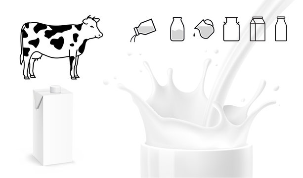 White cup with realistic milk splashes, cow, package for milk. Vector illustration isolated on white background. Ready for your design. EPS10.	