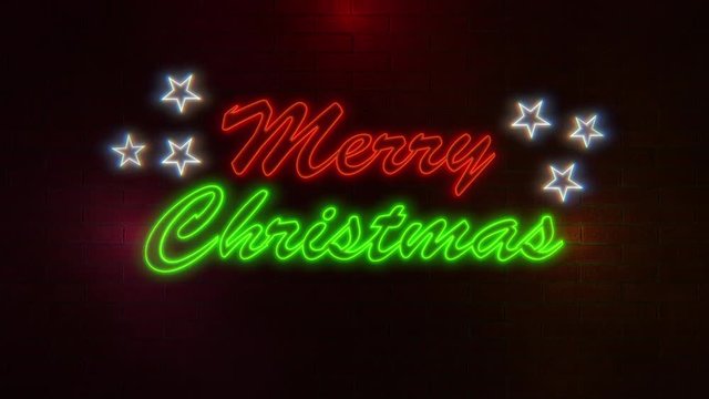 Merry Christmas greeting message with neon colours and rotating stars flickering on brick wall. Holiday theme background. 4k