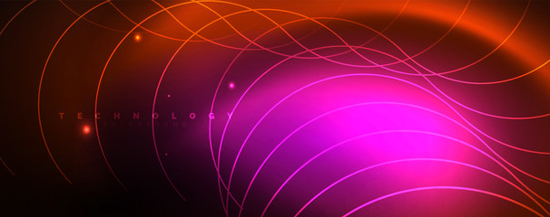 Bright neon circles and wave lines, glowing shiny background design template, digital techno concept.