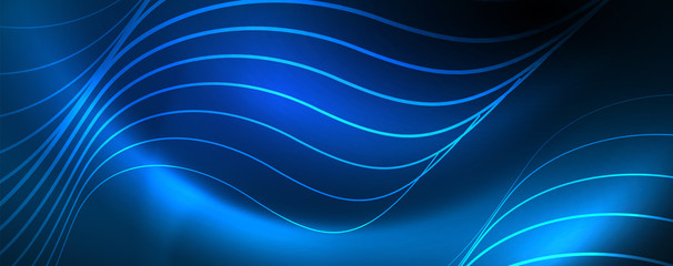 Trendy neon blue abstract design with waves and circles. Neon light glowing effect. Abstract digital background.