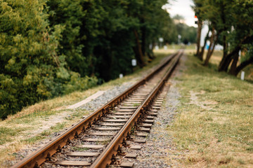 Old, rusty, abandoned railway rails, stretching into the distance.  Grass grows around the railroad tracks. Abandoned railway. Transport background.