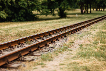 Obraz premium Old, rusty, abandoned railway rails, stretching into the distance. Grass grows around the railroad tracks. Abandoned railway. Transport background.