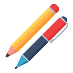 Colorful stationery isolated on white background. Pencil and pen vector flat icon.