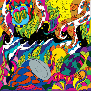 Vector illustration of sea waves, monster with tentacles and paradise garden. Abstract graphics for wallpapers, textile backgrounds and book covers.