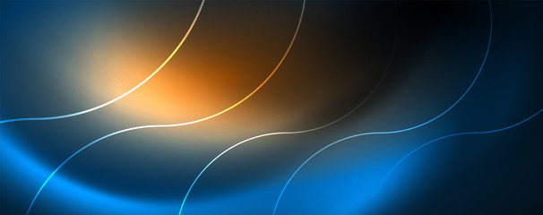Trendy neon blue abstract design with waves and circles. Neon light glowing effect. Abstract digital background.
